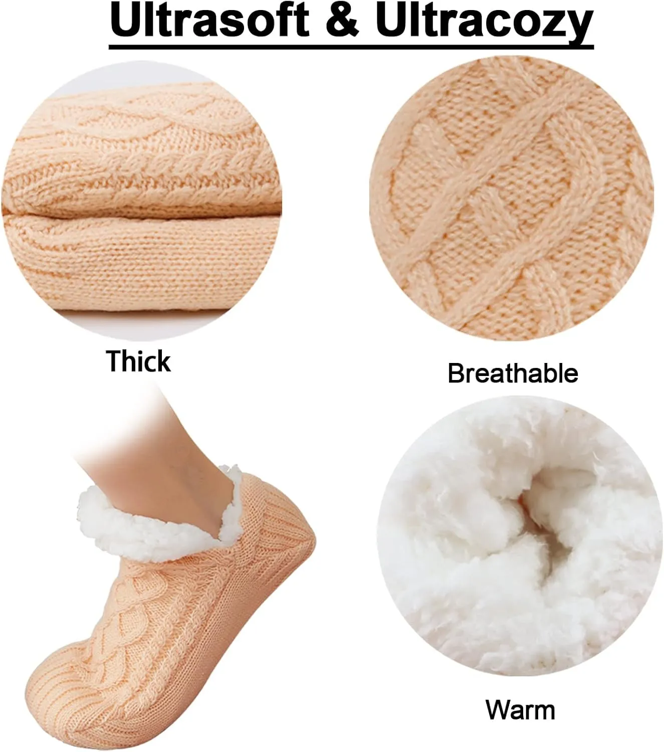 Koreshion Women Knitted Slipper Socks Cozy Sherpa Fuzzy Socks Non Slip Socks Winter Indoor Double Layer Bedroom Slipper Socks