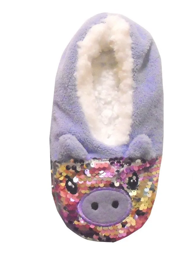 Ladies 2-Pack Pig Design Slipper Socks with Reversible Sequins Cosy & Fun Footwear