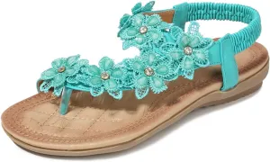 Ladies Flower Accessory Round Toe Thong Flat Beach Sandals,Summer Bohemian Elastic Ankle Strap Comfortable Flower Sandals.