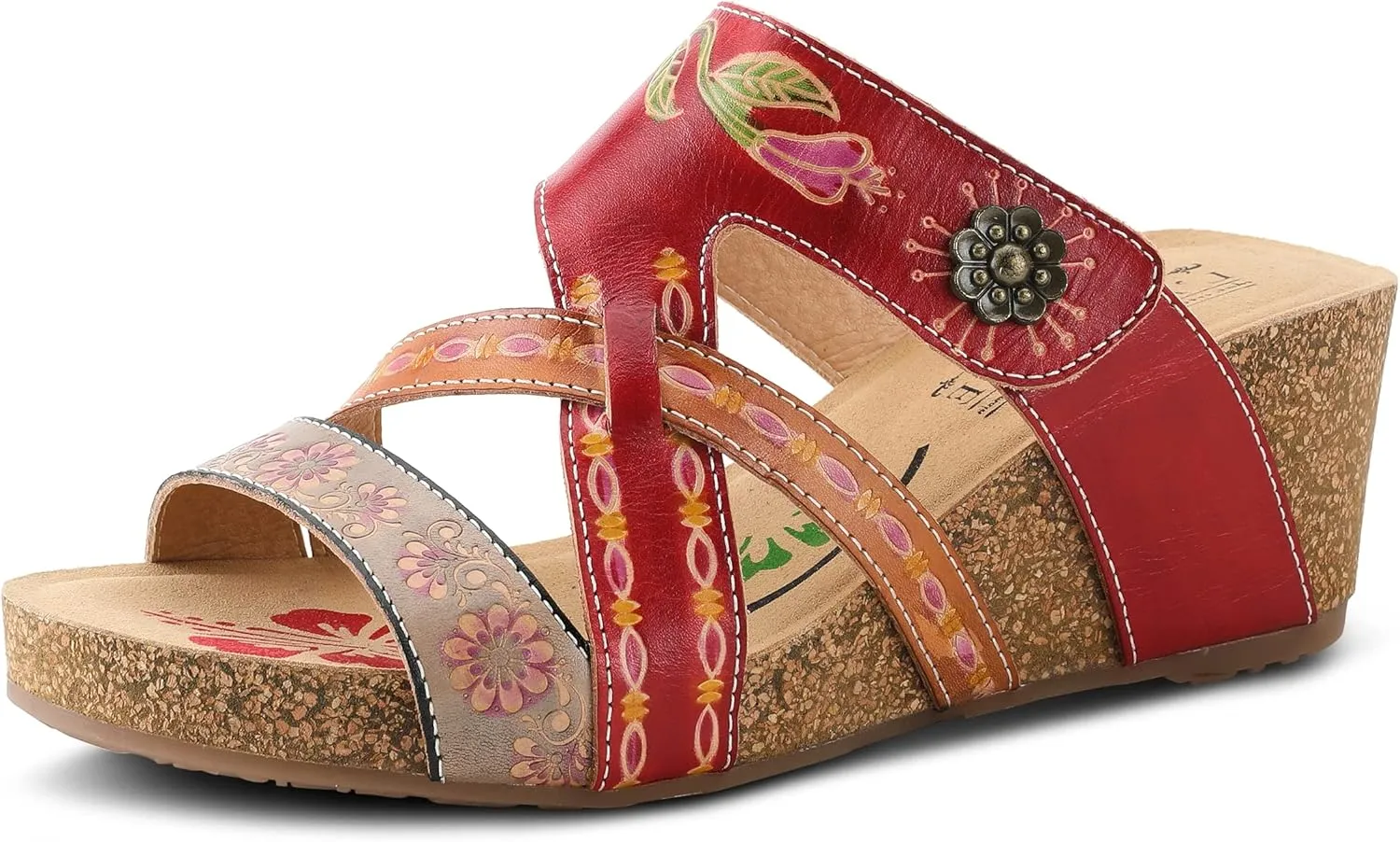 L'Artiste by Spring Step Women's Swan Slide Sandals Hand Painted Leather, Adjustable Straps, Floral Design, Wedge Heel, Hook & Loop, Open Toe