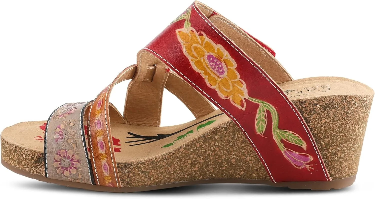 L'Artiste by Spring Step Women's Swan Slide Sandals Hand Painted Leather, Adjustable Straps, Floral Design, Wedge Heel, Hook & Loop, Open Toe