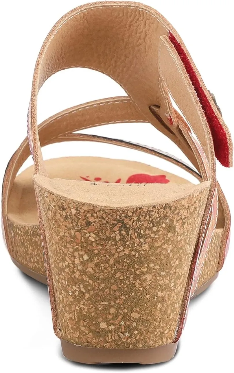 L'Artiste by Spring Step Women's Swan Slide Sandals Hand Painted Leather, Adjustable Straps, Floral Design, Wedge Heel, Hook & Loop, Open Toe
