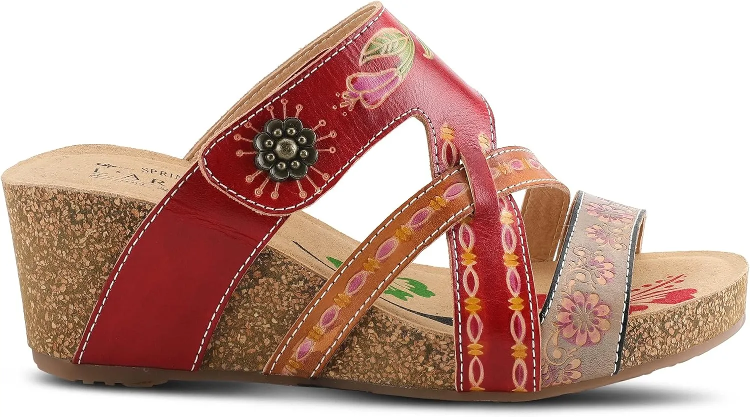 L'Artiste by Spring Step Women's Swan Slide Sandals Hand Painted Leather, Adjustable Straps, Floral Design, Wedge Heel, Hook & Loop, Open Toe