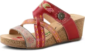 L'Artiste by Spring Step Women's Swan Slide Sandals Hand Painted Leather, Adjustable Straps, Floral Design, Wedge Heel, Hook & Loop, Open Toe