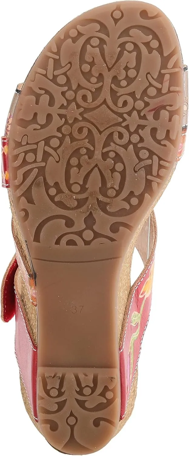 L'Artiste by Spring Step Women's Swan Slide Sandals Hand Painted Leather, Adjustable Straps, Floral Design, Wedge Heel, Hook & Loop, Open Toe