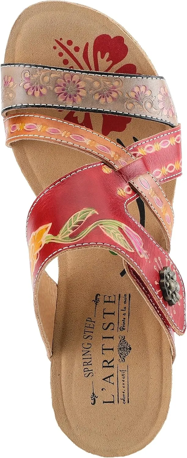L'Artiste by Spring Step Women's Swan Slide Sandals Hand Painted Leather, Adjustable Straps, Floral Design, Wedge Heel, Hook & Loop, Open Toe