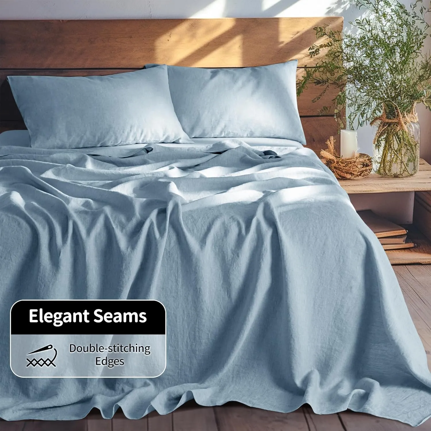 LBR02M 100% Linen Sheet Set Queen Size,Bed Sheets 4 Piece Sets,Solid Color Natural Flax Bed Sheets Soft Breathable Bedding,16" Deep Pocket,All Season (Queen, Dusty Blue)
