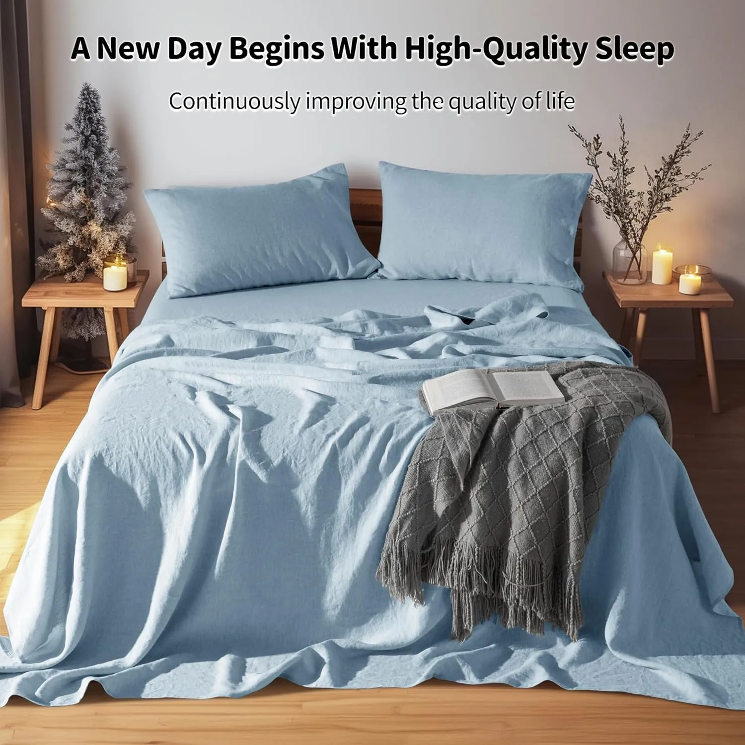 LBR02M 100% Linen Sheet Set Queen Size,Bed Sheets 4 Piece Sets,Solid Color Natural Flax Bed Sheets Soft Breathable Bedding,16" Deep Pocket,All Season (Queen, Dusty Blue)