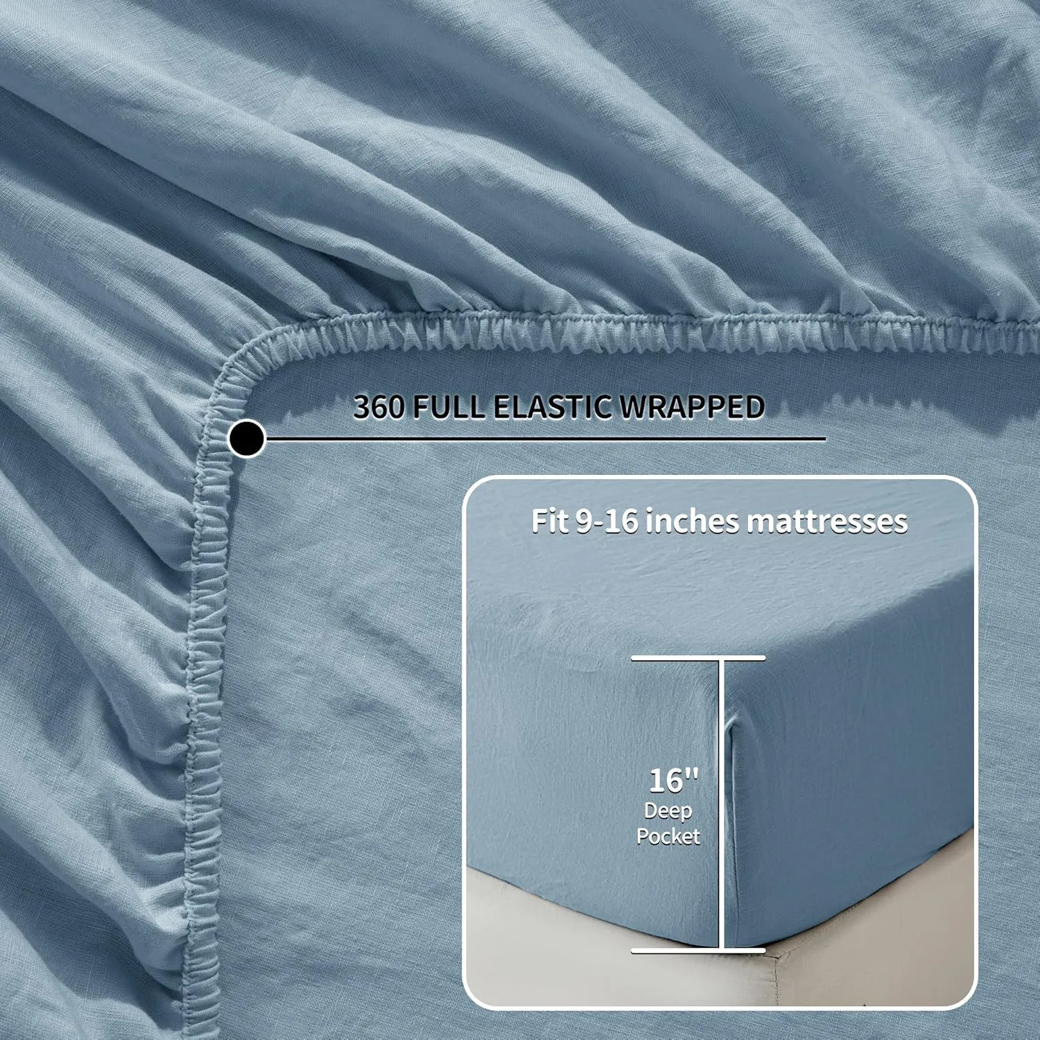 LBR02M 100% Linen Sheet Set Queen Size,Bed Sheets 4 Piece Sets,Solid Color Natural Flax Bed Sheets Soft Breathable Bedding,16" Deep Pocket,All Season (Queen, Dusty Blue)