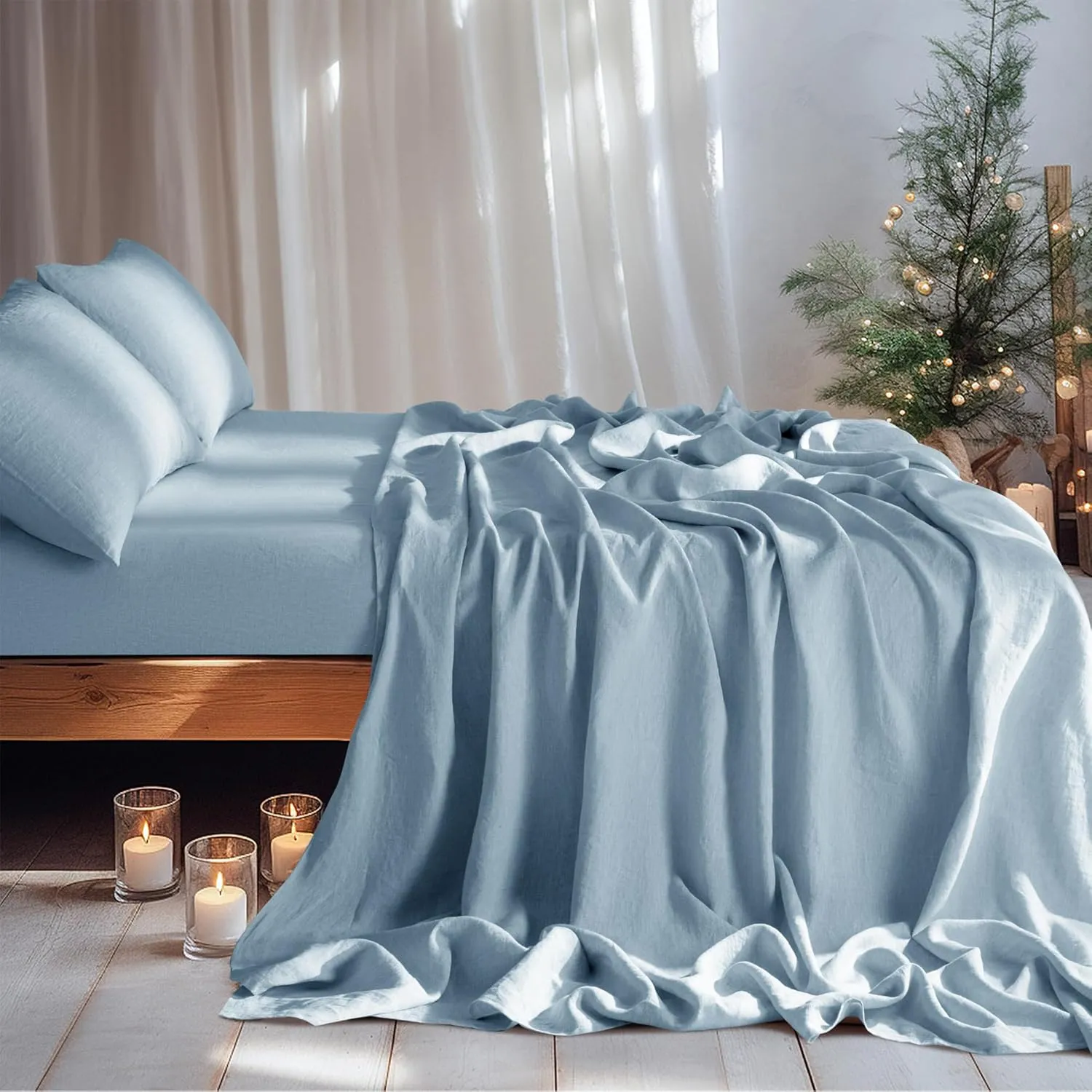 LBR02M 100% Linen Sheet Set Queen Size,Bed Sheets 4 Piece Sets,Solid Color Natural Flax Bed Sheets Soft Breathable Bedding,16" Deep Pocket,All Season (Queen, Dusty Blue)