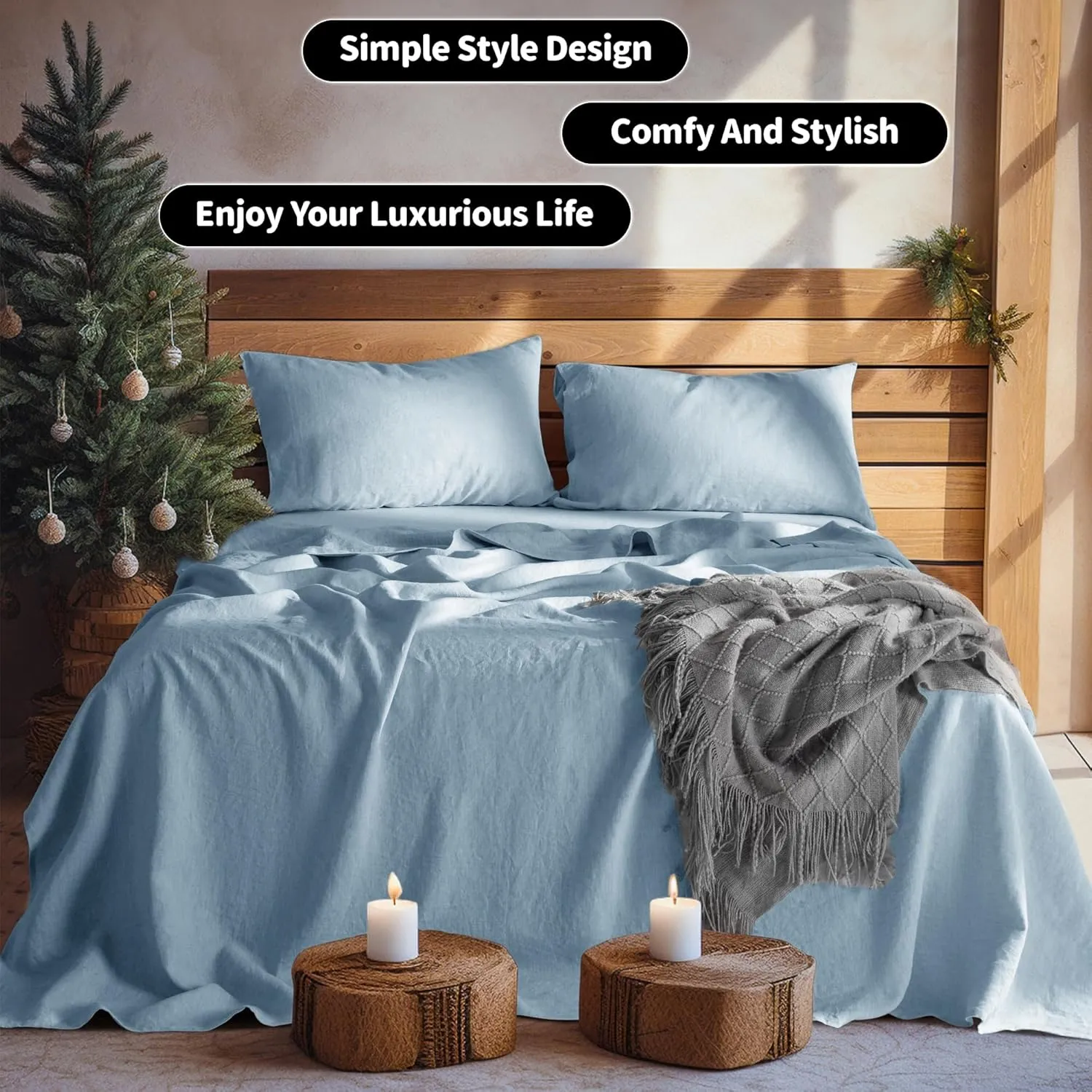 LBR02M 100% Linen Sheet Set Queen Size,Bed Sheets 4 Piece Sets,Solid Color Natural Flax Bed Sheets Soft Breathable Bedding,16" Deep Pocket,All Season (Queen, Dusty Blue)