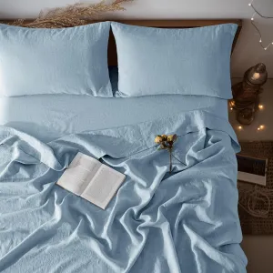 LBR02M 100% Linen Sheet Set Queen Size,Bed Sheets 4 Piece Sets,Solid Color Natural Flax Bed Sheets Soft Breathable Bedding,16" Deep Pocket,All Season (Queen, Dusty Blue)