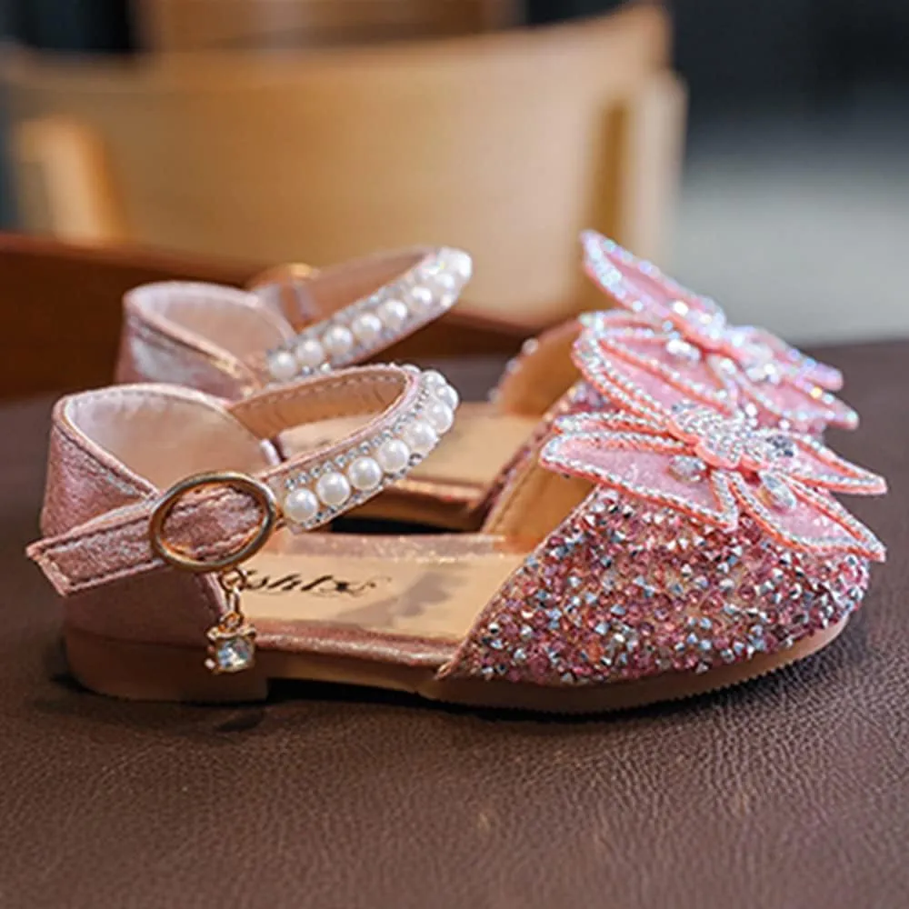 Little Girls Dress Shoes Mary Jane Bow Flower Wedding Party Bridesmaids Shoe Glitter Sequins Rhinestone Princess Ballet Flats
