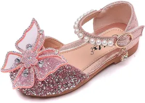 Little Girls Dress Shoes Mary Jane Bow Flower Wedding Party Bridesmaids Shoe Glitter Sequins Rhinestone Princess Ballet Flats