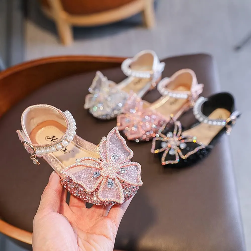 Little Girls Dress Shoes Mary Jane Bow Flower Wedding Party Bridesmaids Shoe Glitter Sequins Rhinestone Princess Ballet Flats