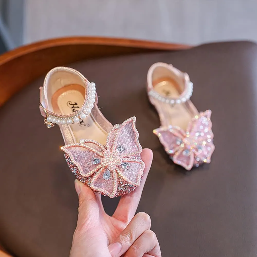 Little Girls Dress Shoes Mary Jane Bow Flower Wedding Party Bridesmaids Shoe Glitter Sequins Rhinestone Princess Ballet Flats