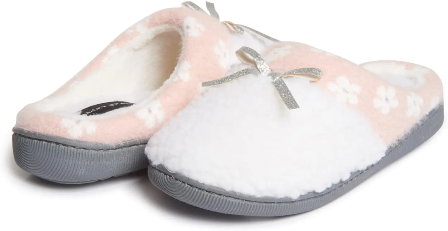 Lucky Brand Little Girls Floral Collar Bow Sherpa Clog Slippers, Kids Fuzzy Cozy Warm Slip On Bedroom Slipper House Shoes