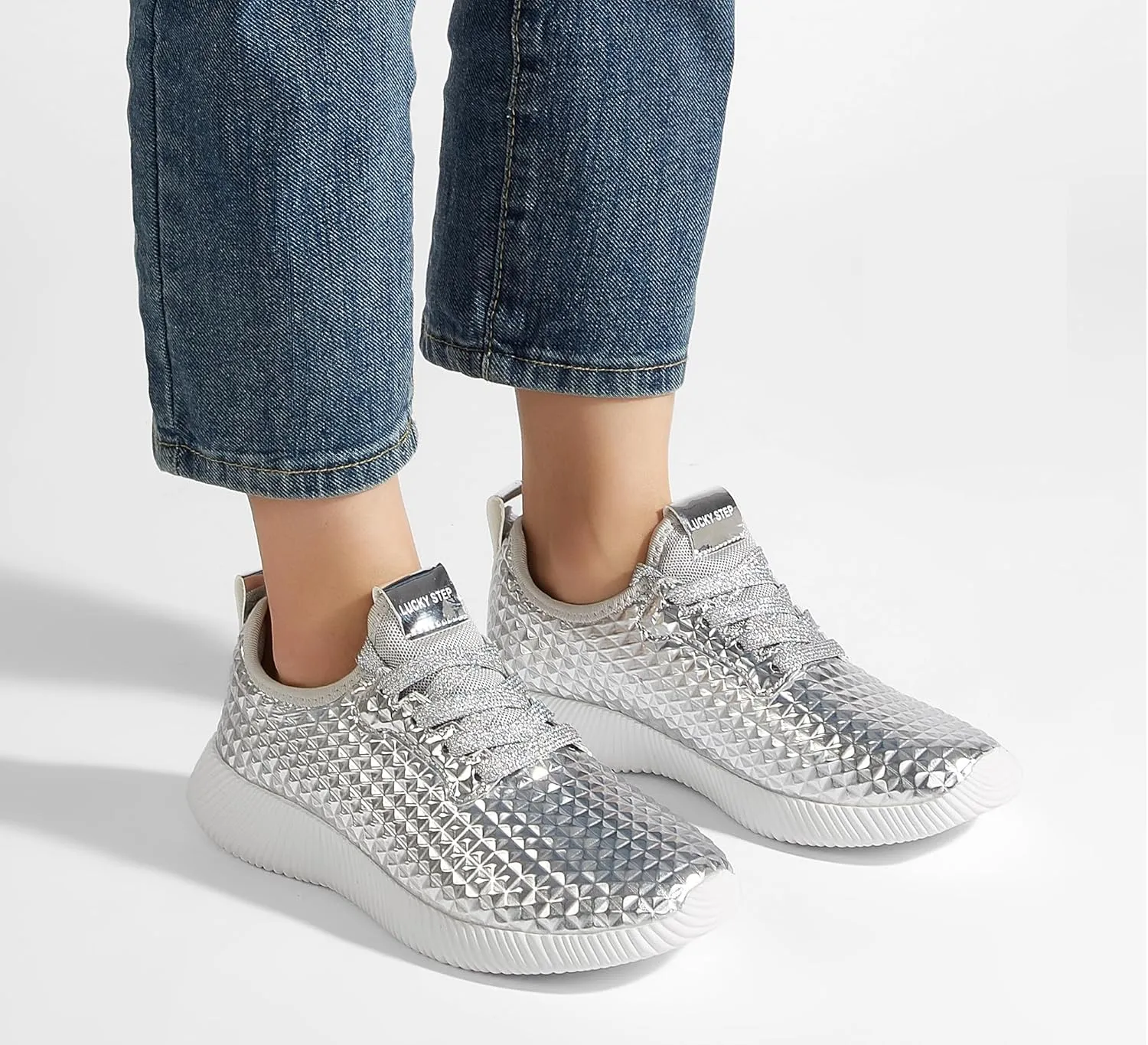 LUCKY STEP Women's Metallic Fashion Sneaker Leatherette Studded Jogger Lightweight Casual Walking Shoes