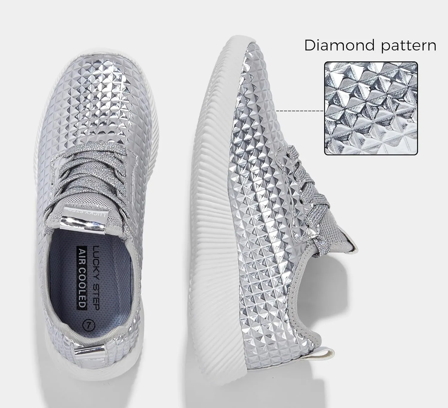 LUCKY STEP Women's Metallic Fashion Sneaker Leatherette Studded Jogger Lightweight Casual Walking Shoes