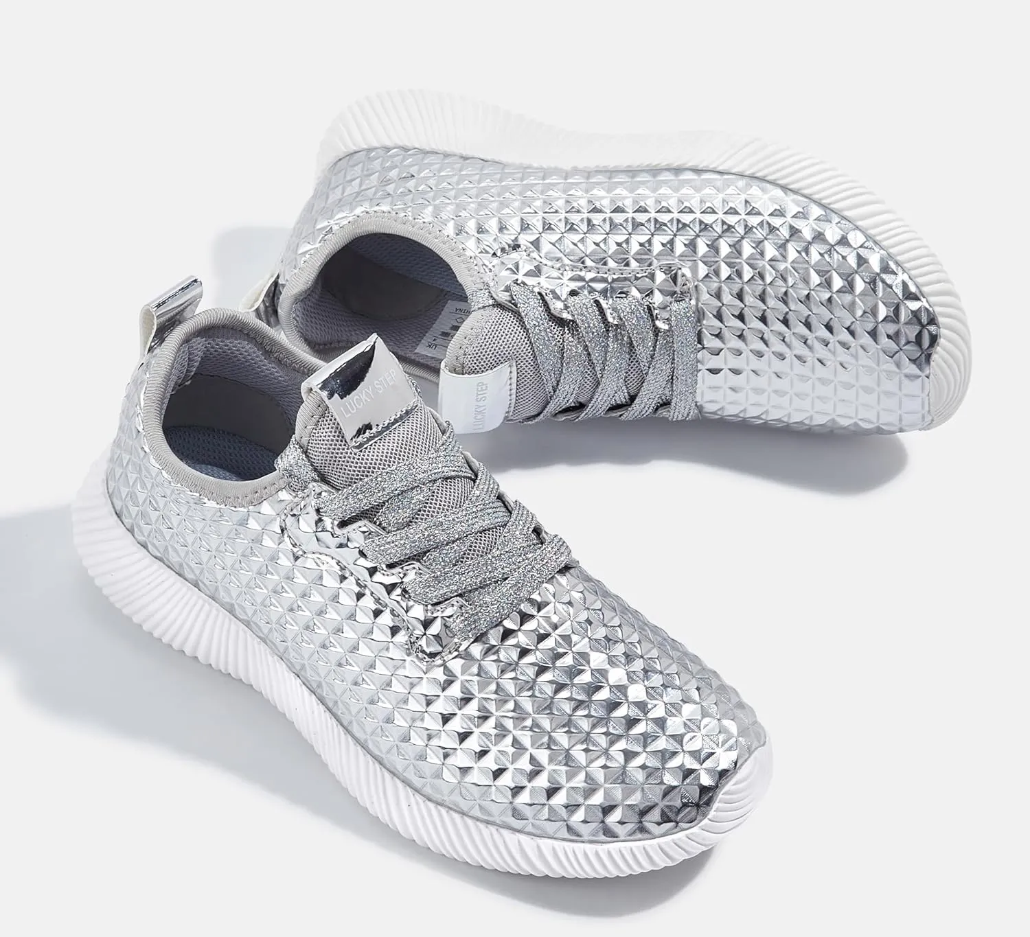 LUCKY STEP Women's Metallic Fashion Sneaker Leatherette Studded Jogger Lightweight Casual Walking Shoes
