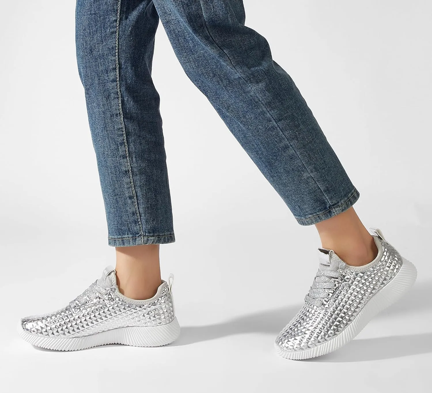 LUCKY STEP Women's Metallic Fashion Sneaker Leatherette Studded Jogger Lightweight Casual Walking Shoes