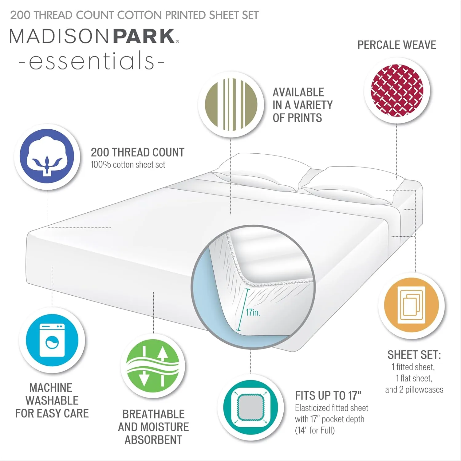 Madison Park Essentials 100% Cotton Sheets, Breathable&Soft Cotton Bed Sheets, Printed Design, Elastic Pocket Cotton Sheet Set Fits Up to 14" Mattress, All Season, Full Tan Leaves 4 Piece