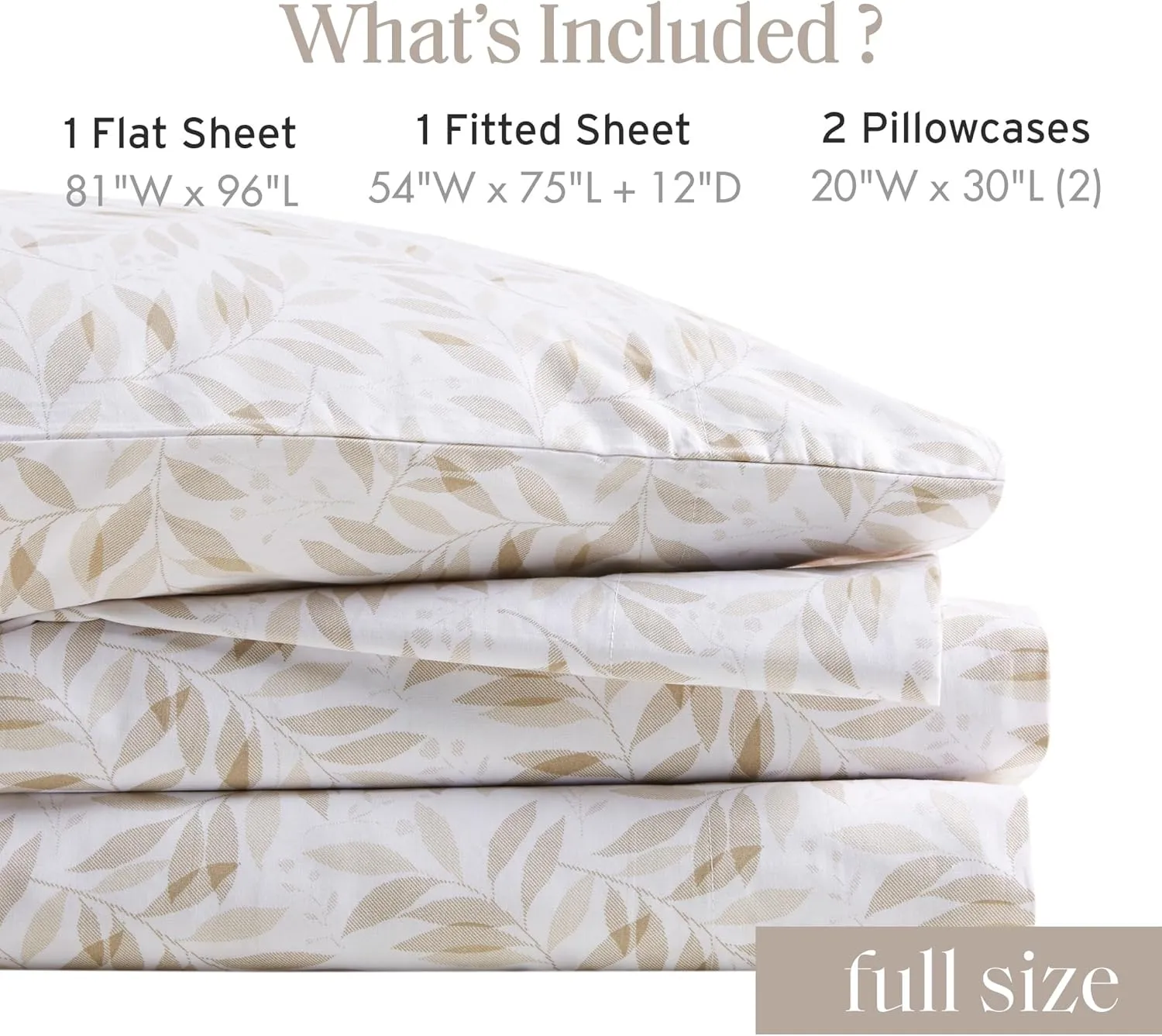 Madison Park Essentials 100% Cotton Sheets, Breathable&Soft Cotton Bed Sheets, Printed Design, Elastic Pocket Cotton Sheet Set Fits Up to 14" Mattress, All Season, Full Tan Leaves 4 Piece