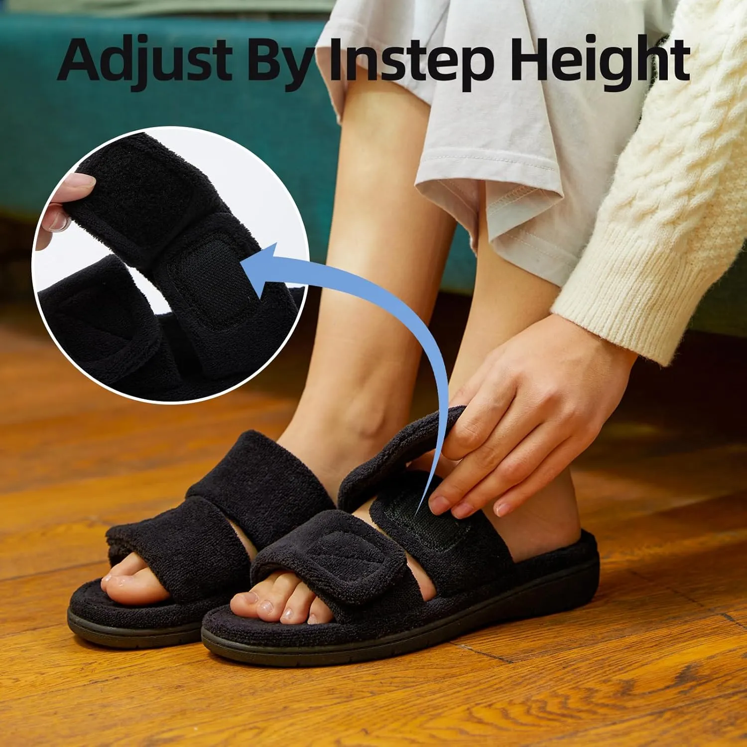 Magtoe Women's Adjustable Straps Slippers with Arch Support Open toe Indoor Slip on Slippers Cozy Memory Foam