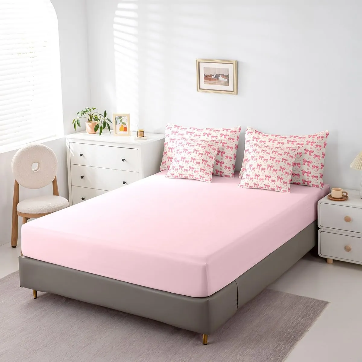 Manfei Cute Bowknot Bed Set in a Bag 7 Pcs,Dreamy Pink Bow Cartoon Princess Style Bedding Set,Romantic Love Hearts Bow-tie Watercolor Comforter with Fitted,Flat Sheet,Pillowcase,Pillow Covers,Full