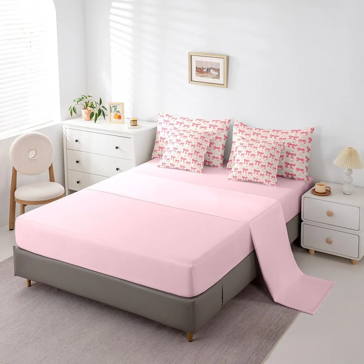 Manfei Cute Bowknot Bed Set in a Bag 7 Pcs,Dreamy Pink Bow Cartoon Princess Style Bedding Set,Romantic Love Hearts Bow-tie Watercolor Comforter with Fitted,Flat Sheet,Pillowcase,Pillow Covers,Full