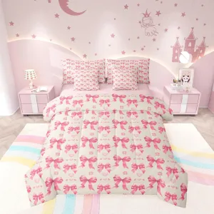 Manfei Cute Bowknot Bed Set in a Bag 7 Pcs,Dreamy Pink Bow Cartoon Princess Style Bedding Set,Romantic Love Hearts Bow-tie Watercolor Comforter with Fitted,Flat Sheet,Pillowcase,Pillow Covers,Full