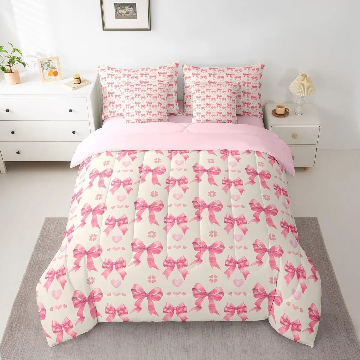 Manfei Cute Bowknot Bed Set in a Bag 7 Pcs,Dreamy Pink Bow Cartoon Princess Style Bedding Set,Romantic Love Hearts Bow-tie Watercolor Comforter with Fitted,Flat Sheet,Pillowcase,Pillow Covers,Full