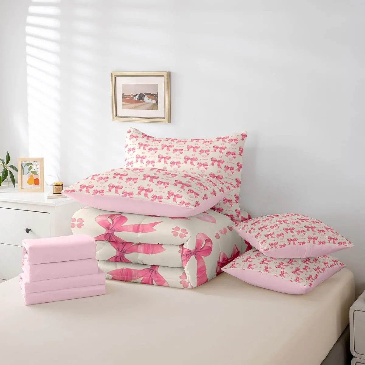 Manfei Cute Bowknot Bed Set in a Bag 7 Pcs,Dreamy Pink Bow Cartoon Princess Style Bedding Set,Romantic Love Hearts Bow-tie Watercolor Comforter with Fitted,Flat Sheet,Pillowcase,Pillow Covers,Full