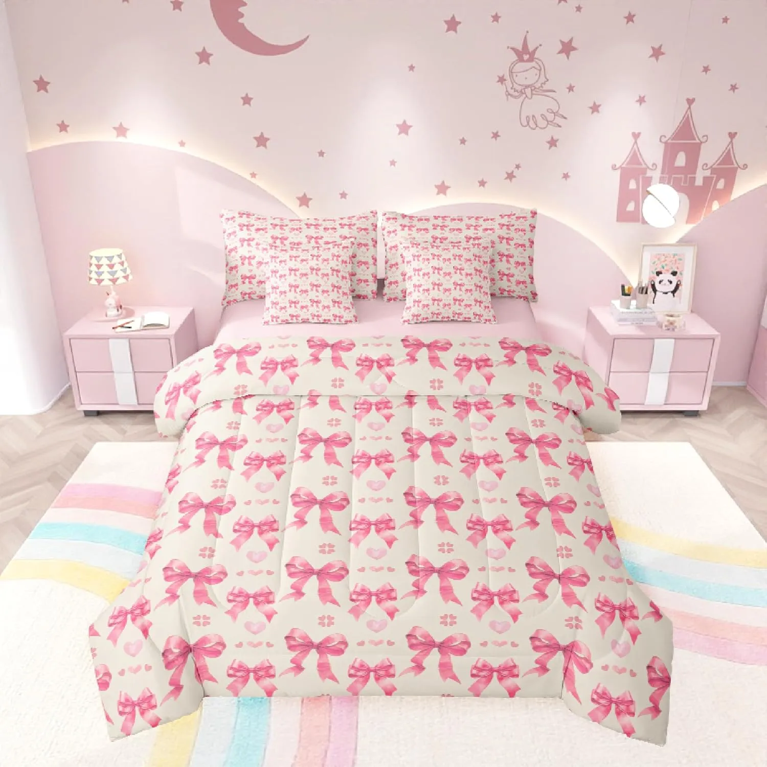 Manfei Cute Bowknot Bed Set in a Bag 7 Pcs,Dreamy Pink Bow Cartoon Princess Style Bedding Set,Romantic Love Hearts Bow-tie Watercolor Comforter with Fitted,Flat Sheet,Pillowcase,Pillow Covers,Full