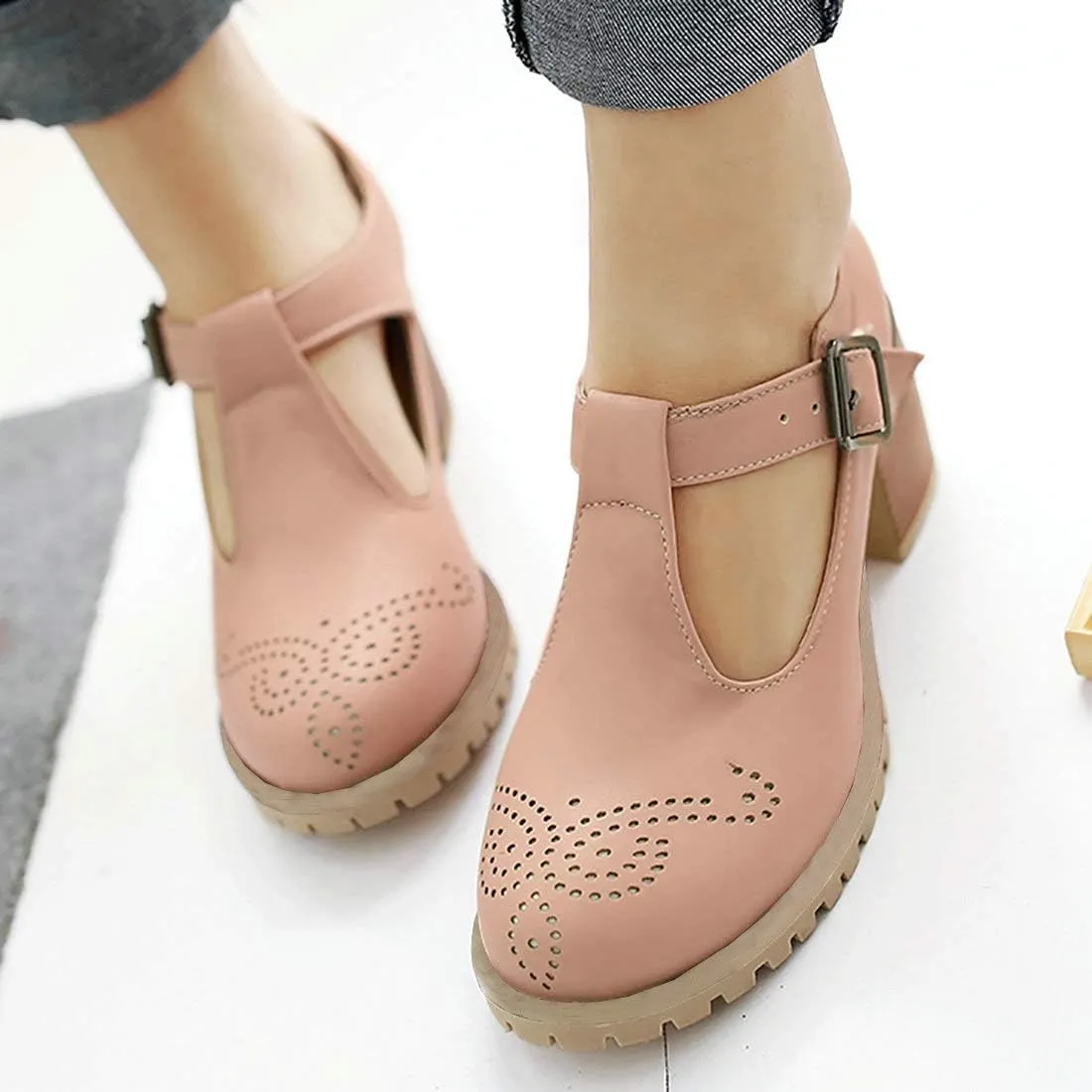 MAVMAX Women's T-Strap Mary Jane Block Heel Wingtip Oxford Brogue Shoes