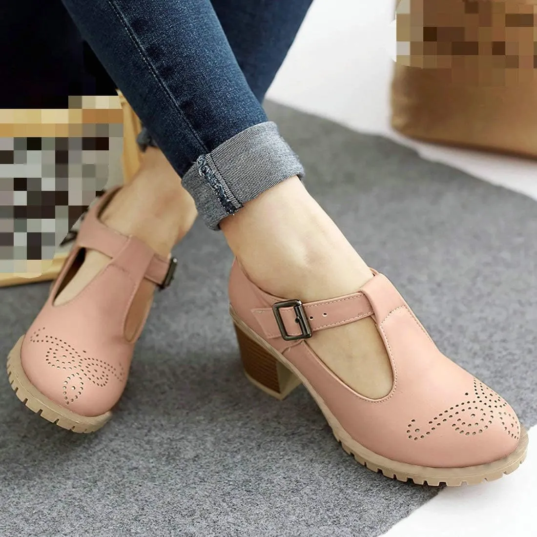 MAVMAX Women's T-Strap Mary Jane Block Heel Wingtip Oxford Brogue Shoes