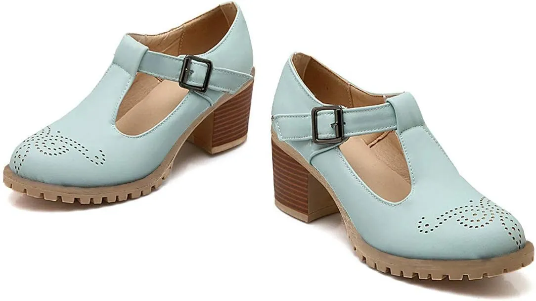 MAVMAX Women's T-Strap Mary Jane Block Heel Wingtip Oxford Brogue Shoes