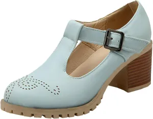 MAVMAX Women's T-Strap Mary Jane Block Heel Wingtip Oxford Brogue Shoes