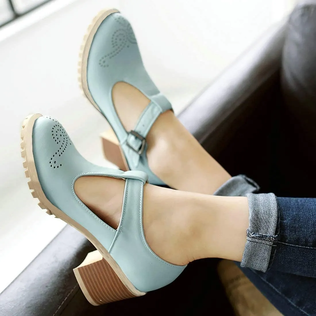MAVMAX Women's T-Strap Mary Jane Block Heel Wingtip Oxford Brogue Shoes