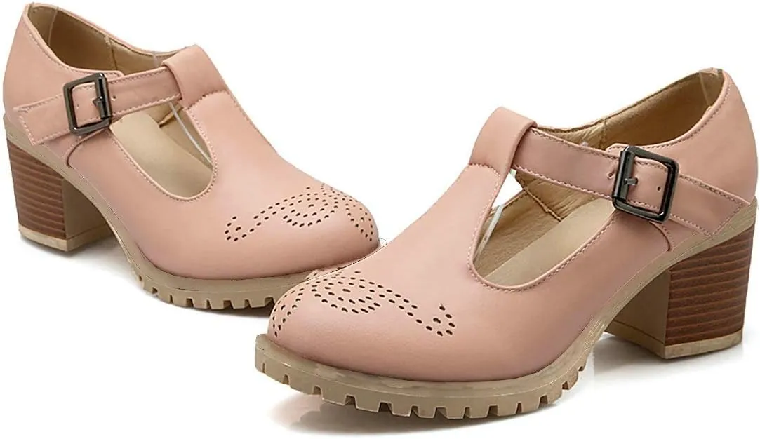 MAVMAX Women's T-Strap Mary Jane Block Heel Wingtip Oxford Brogue Shoes