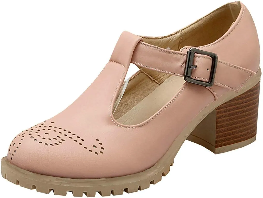 MAVMAX Women's T-Strap Mary Jane Block Heel Wingtip Oxford Brogue Shoes
