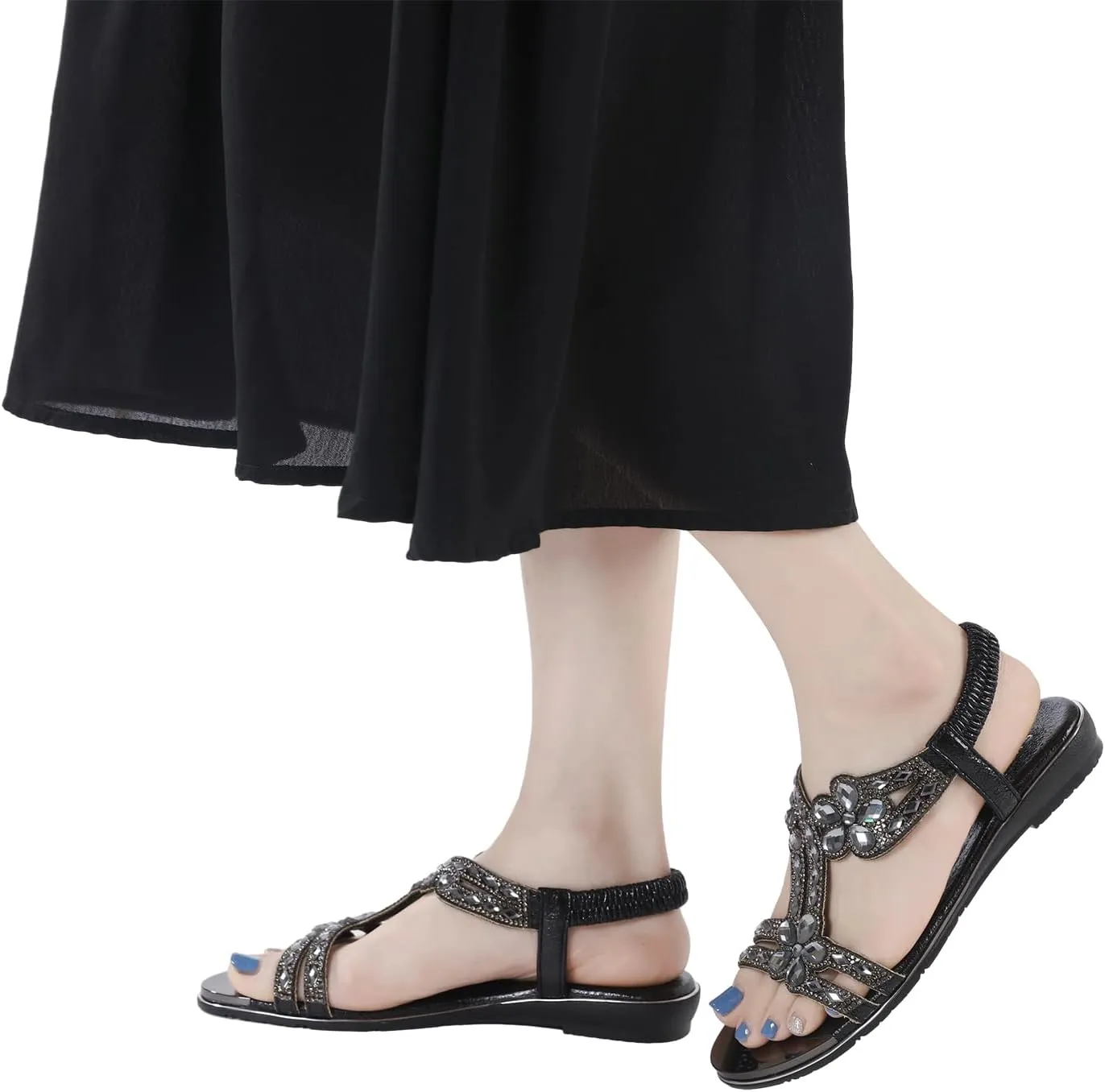 Meeshine Women's Ankle Strap Rhinestone Flat Sandals Casual Flower Beaded Bohemian Comfortable Beach Dressy Shoes