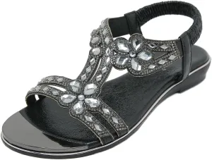 Meeshine Women's Ankle Strap Rhinestone Flat Sandals Casual Flower Beaded Bohemian Comfortable Beach Dressy Shoes
