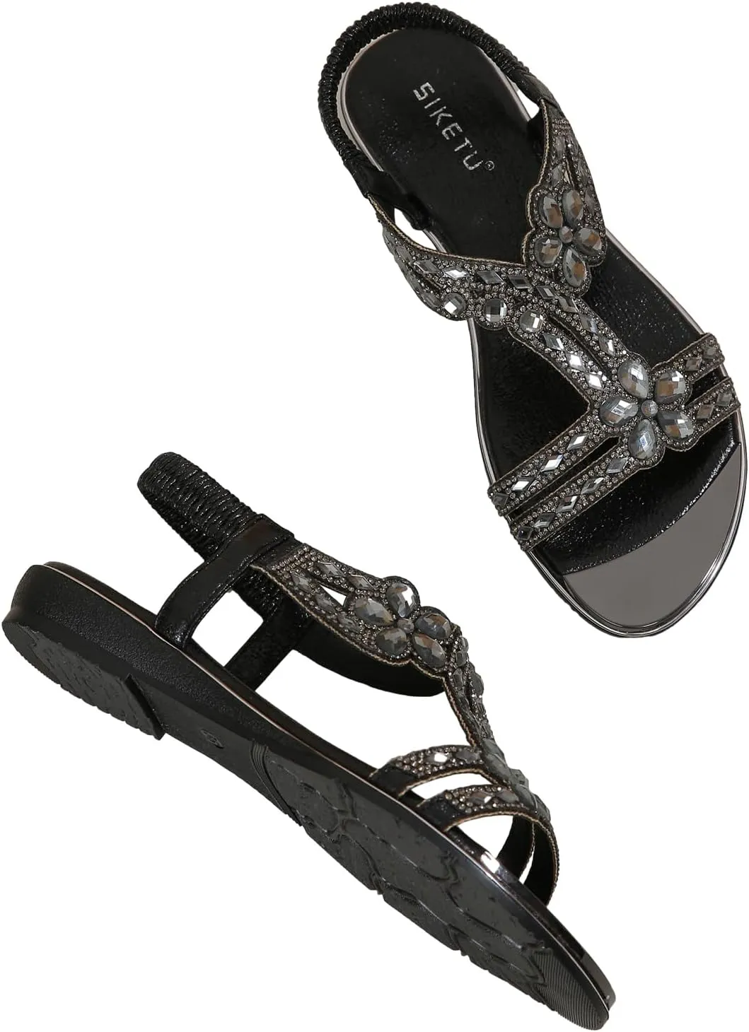 Meeshine Women's Ankle Strap Rhinestone Flat Sandals Casual Flower Beaded Bohemian Comfortable Beach Dressy Shoes