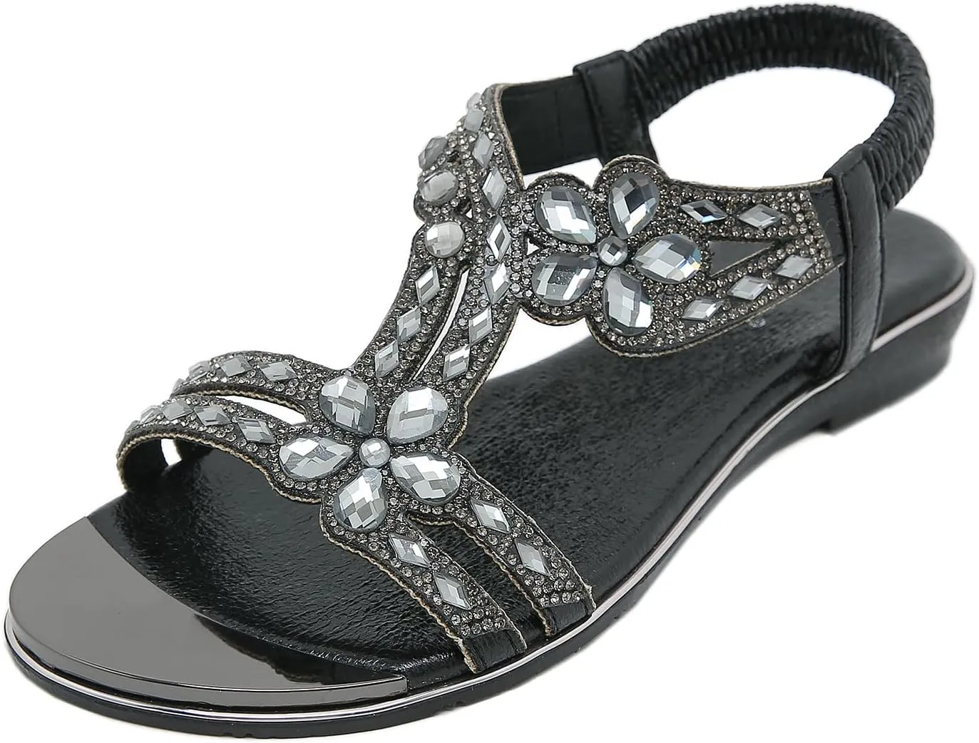 Meeshine Women's Ankle Strap Rhinestone Flat Sandals Casual Flower Beaded Bohemian Comfortable Beach Dressy Shoes