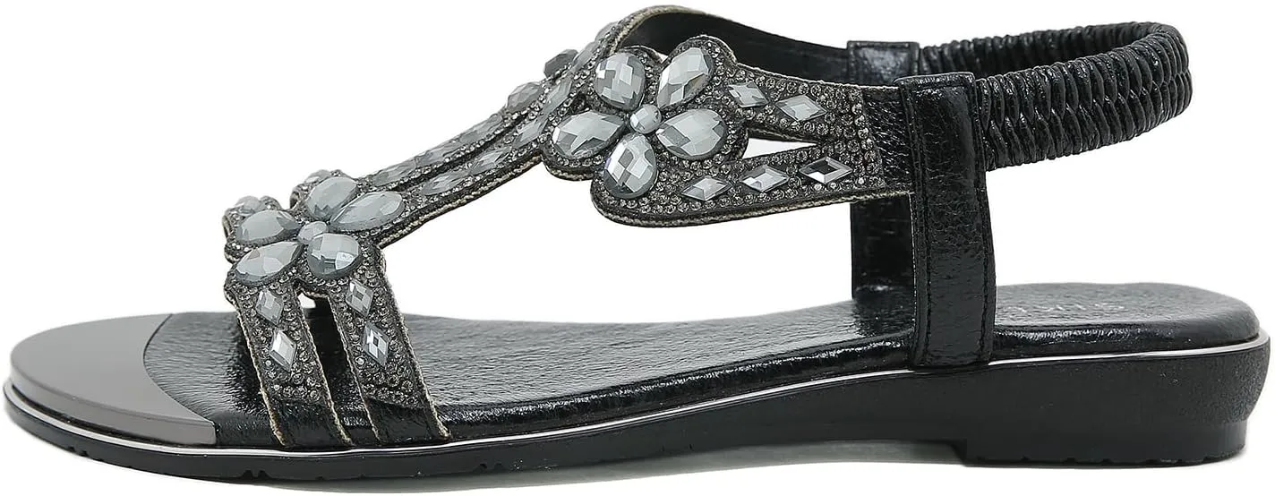 Meeshine Women's Ankle Strap Rhinestone Flat Sandals Casual Flower Beaded Bohemian Comfortable Beach Dressy Shoes