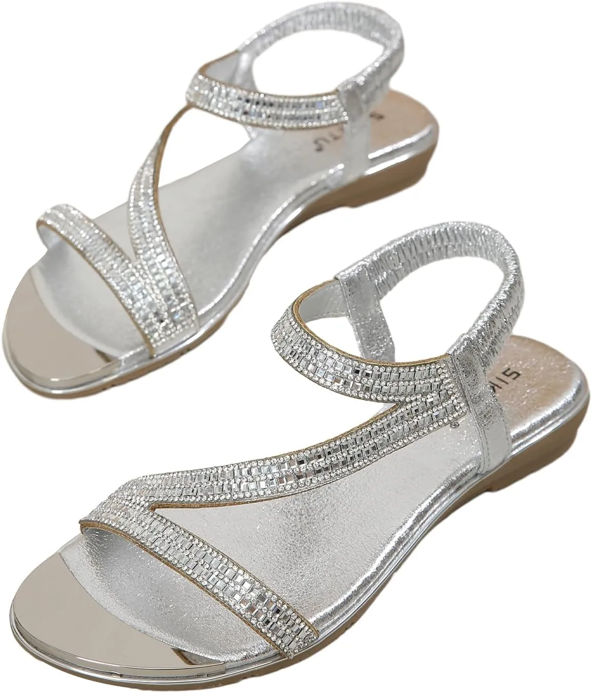 Meeshine Women's Rhinestone Flat Sandals Open Toe Comfortable Dressy Summer Ankle Casual Wedding Party Beach Sandals