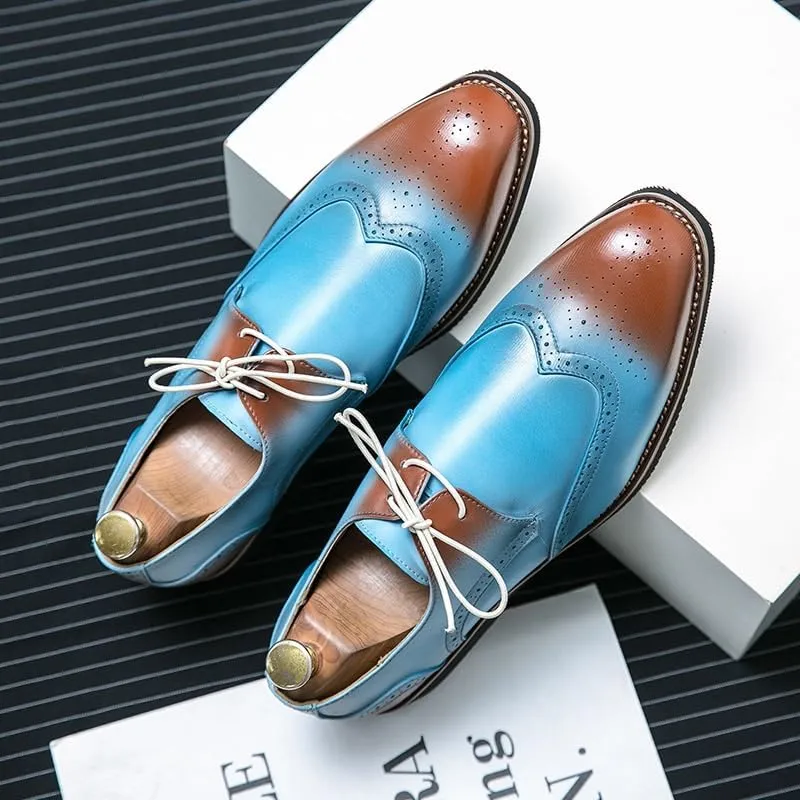 Men Casual Pointed Toe Gradient Design Tuxedo Oxford Fashion Classic Carved Lace Up Leather Low Heels Dress Shoes