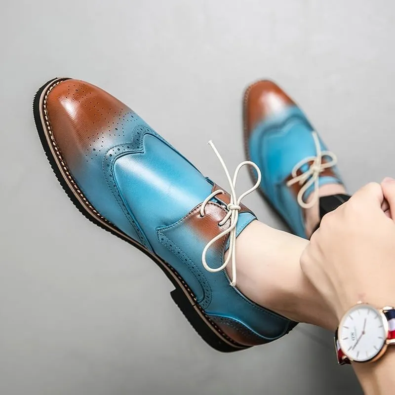 Men Casual Pointed Toe Gradient Design Tuxedo Oxford Fashion Classic Carved Lace Up Leather Low Heels Dress Shoes