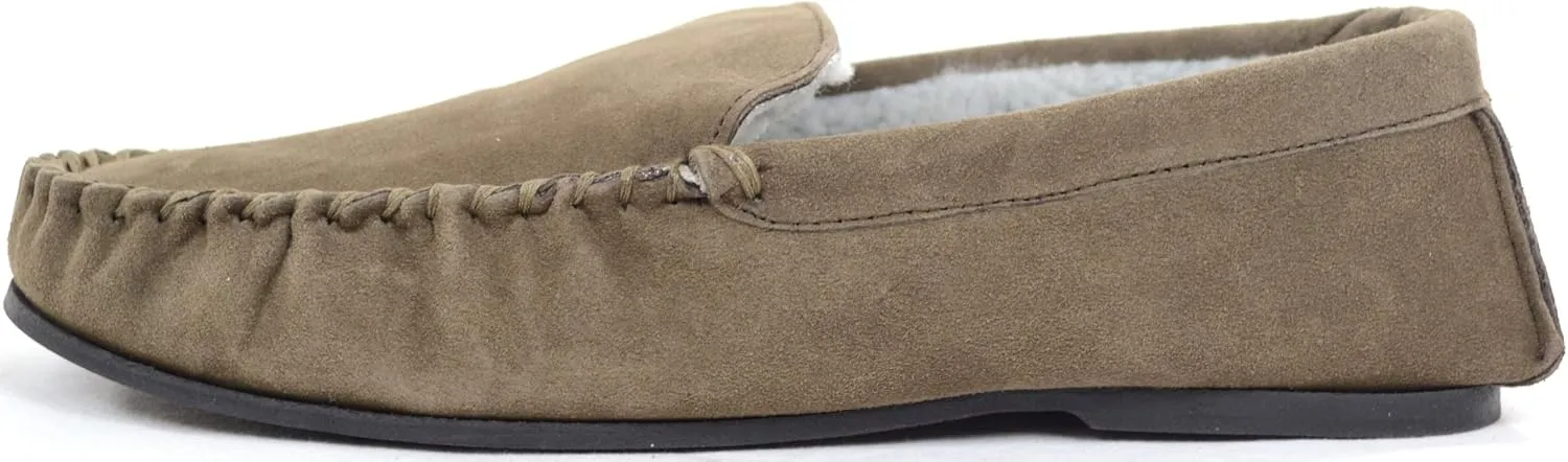 Mens Berber Fleece Lined Moccasin Slipper with Non-Slip Rubber Sole